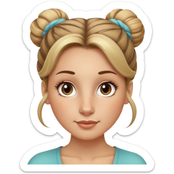 creative women with long dark Blond with highlights semi curly hair white women with hair in a top bun, oval shape face hazel eyes long lashes freckles on the nose high cheek bones sticker