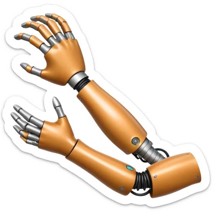 3D render of Bionic Arm, futuristic cyborg aesthetic, fusion of organic skin and chrome metal, polished silver metal arm attached to a tan skin shoulder, exposed wiring, Apple emoji style, isolated on white background --v 6.0. sticker