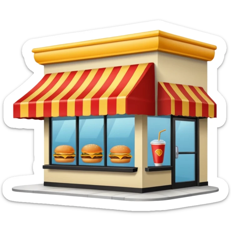 front of fast food building with awning, windows, and a glass door in the center sticker
