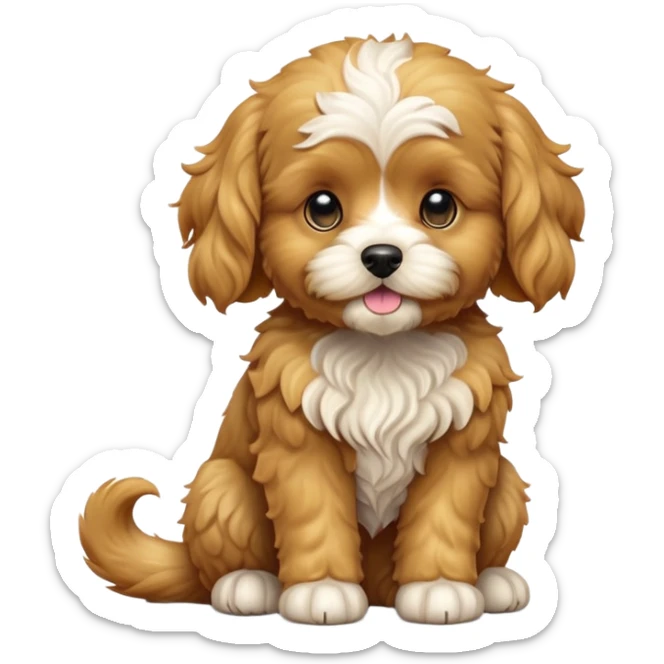 cinematic-[cavoodle dog]-realistic-full-body-sitting-emoji,-tail-resting-loosely-beside-its-paws,-head-tilted-dramatically,-wavy-[golden]-fur,-simplified-yet-realistic-focused-features,-highly-detailed,-glowing-with-an-almost-sarcastic-glow sticker