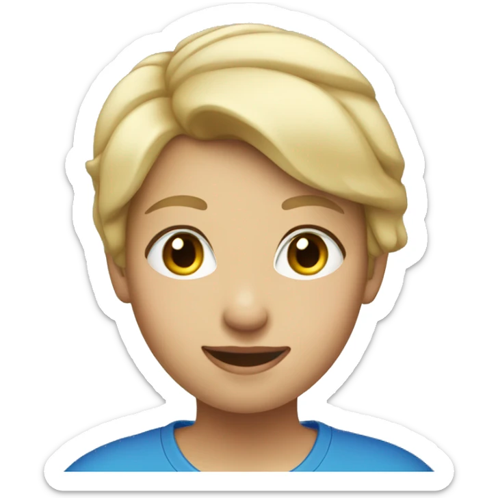 blonde girl short hair wearing blue t-shirt with apple logo sticker