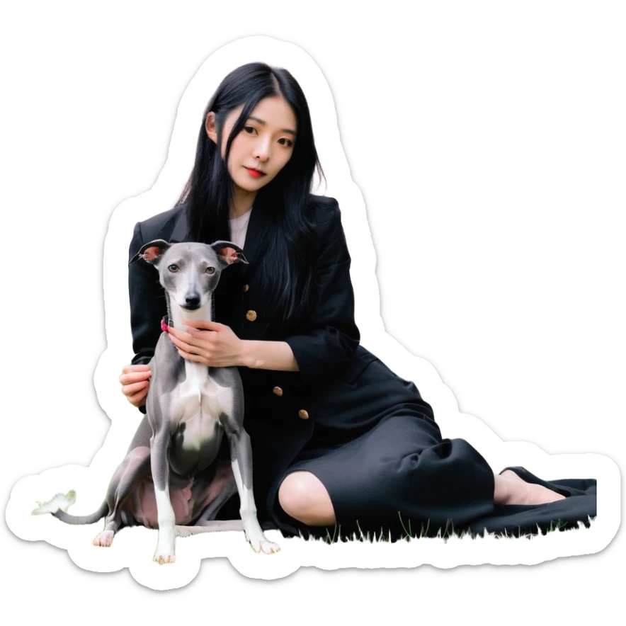 A beautiful 25-year-old Chinese woman with long black hair and a pure dark grey Italian Greyhound with absolutely NO white markings anywhere on its body sitting under a cherry blossom tree. The dog must be completely solid dark grey with no white on muzzle, paws, or chest. sticker