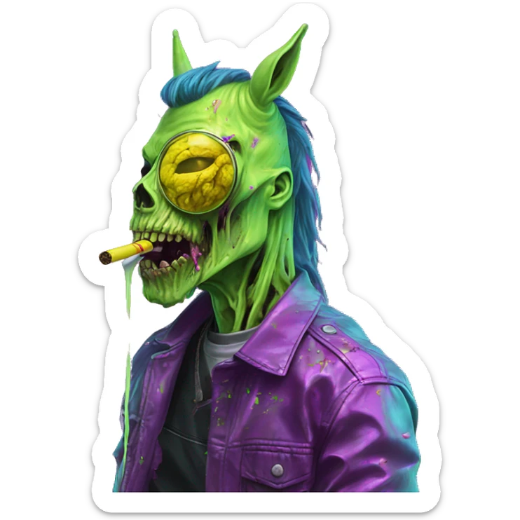 .Zombie_ Vaporwave black holographic oilslick zombie unicorn smoking yellow caution tape  sticker