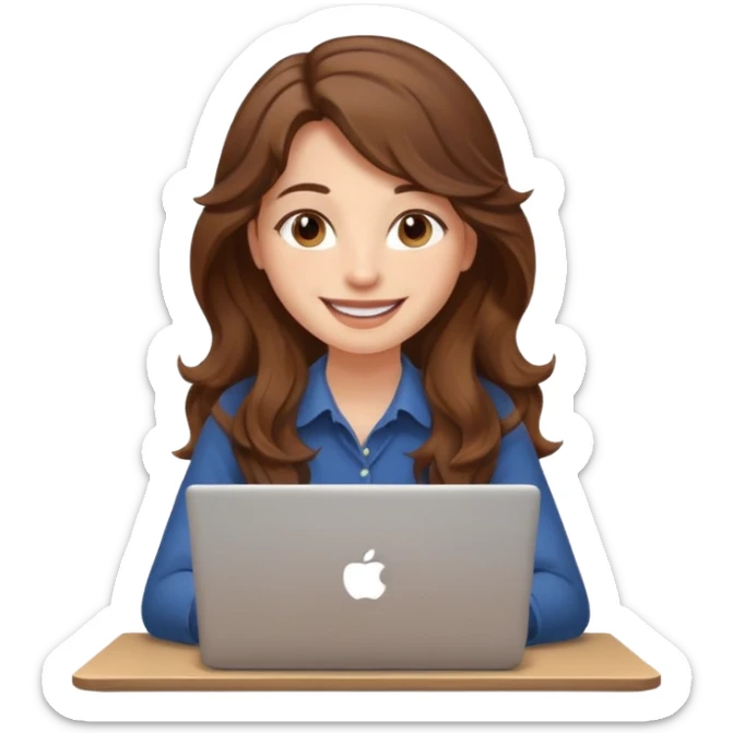 Sitting in front of a laptop in the style of a cute female developer. Not wearing glasses, smiling with long hair waves. Early 20s
 sticker