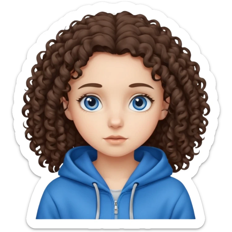 Pretty blue eyed brunette with natural curly hair wearing blue hoodie with big Disney eyes sticker