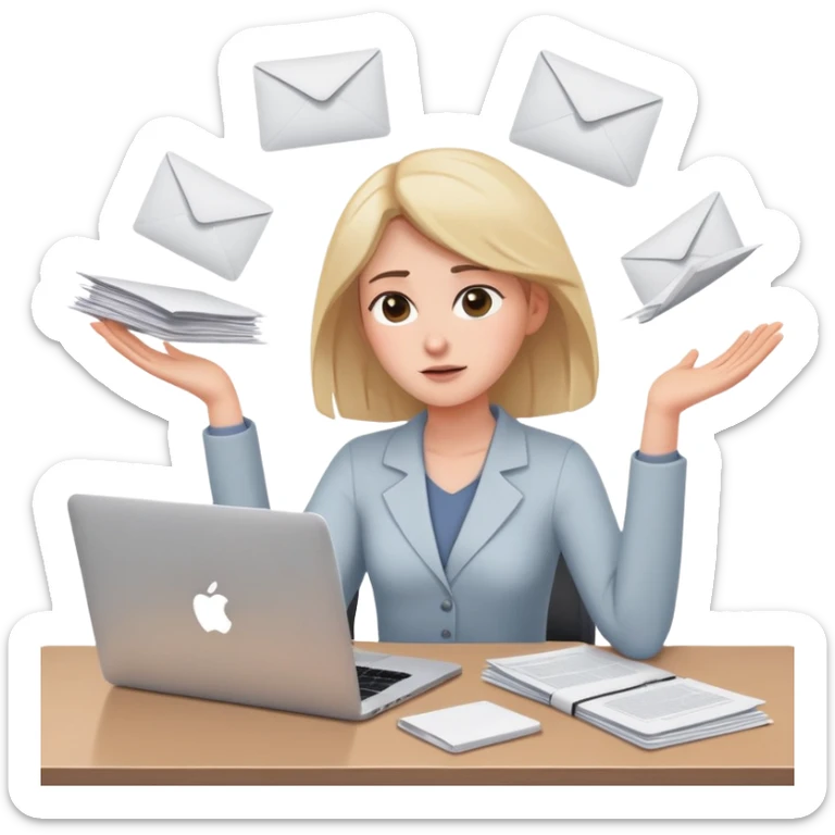 tired woman sitting at a desk with a MacBook, holding her arms out to the side, surrounded by flying papers sticker