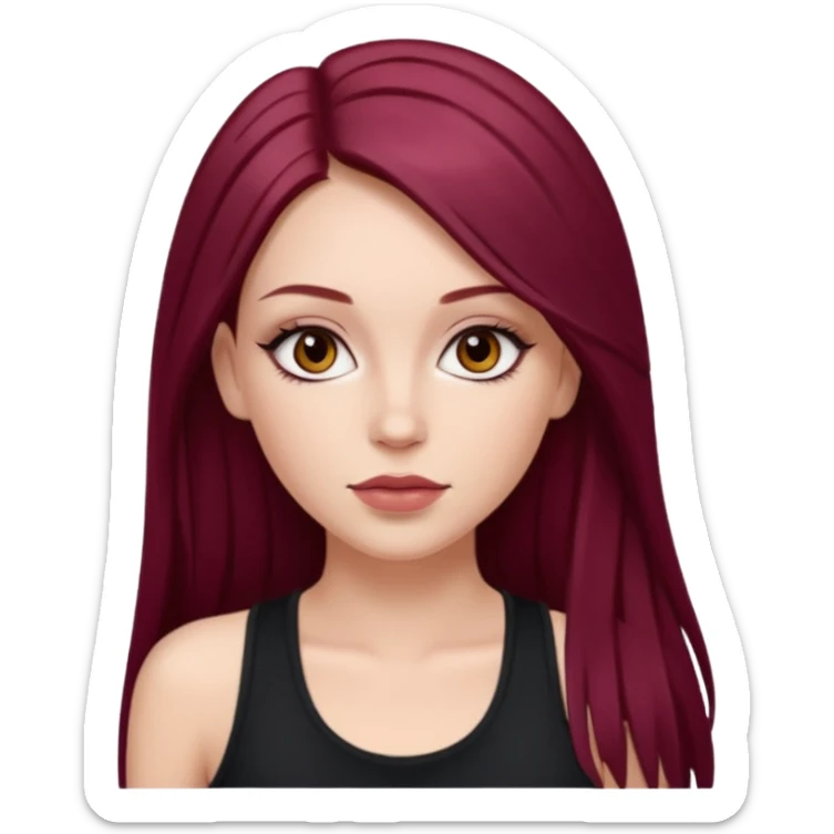 white girl, long straight middle part burgundy hair, brown eyes, long eyelashes, full lips, black tank top sticker