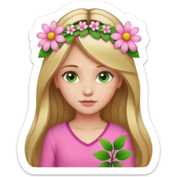 Girl profile picture with long browne and blonde hair and green eyes and a flower in her hair. and a pink outfit sticker
