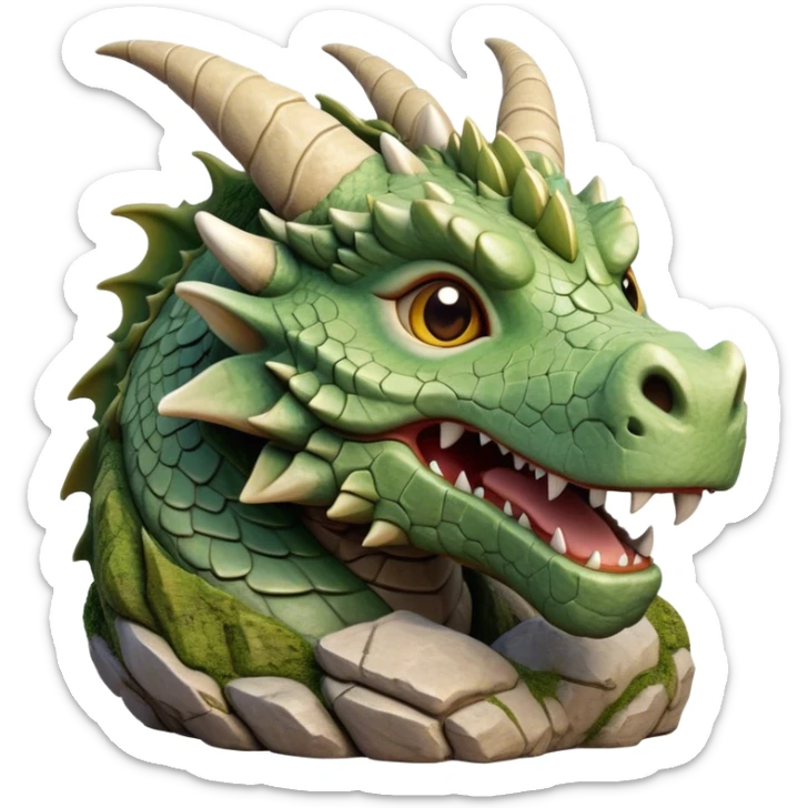 Cinematic Cute Giant Rock Dragon Portrait Emoji, Head tilted playfully and inquisitively, showcasing a robust, stone-carved body with intricately detailed, craggy textures in natural earthen tones accented by soft hints of moss, and a surprisingly gentle, endearing expression; rendered with lifelike clarity and warm, natural light, high shine, mighty yet endearing, styled with a touch of ancient, stony whimsy, soft glowing outline, capturing the essence of a mischievous stone guardian poised to rumble playfully into your embrace! sticker
