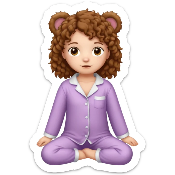 brown eyes, brown curly hair, white skin, full body in cute pijama bear sticker