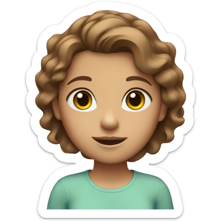 Girl with brown wavy hair, Blue/green eyes, a light tan and a pink shirt sticker