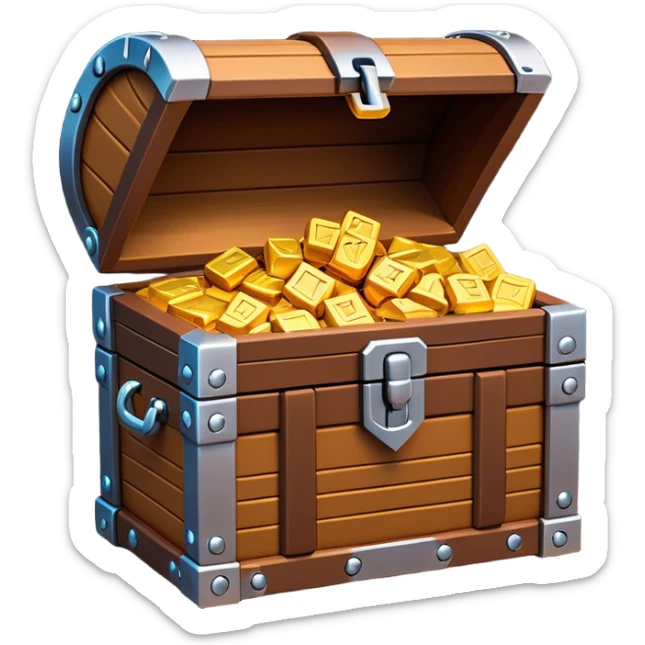 Clash of Clans aesthetic: Cinematic Playful Pixel 3D Treasure Chest Portrait Emoji, rendered in a 3D vector-style similar to standard emojis with minimal shading and bold, simplified shapes. A compact, distinct form with signature details, softly glowing with a pixelated adventure charm. Simplified yet unmistakably iconic, highly detailed and consistent, glowing with a soft radiance and high shine. Stylized with a touch of classic pixel-art charm and a soft glowing outline, capturing the essence of a beloved gaming relic with a friendly, playful manner! sticker