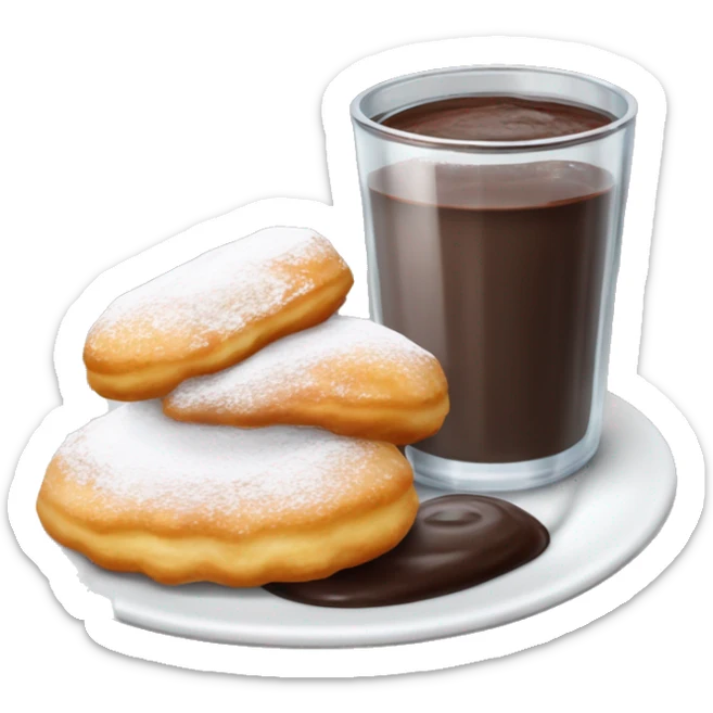 Realistic plate of powdered sugar beignet s with glass cup of chocolate dip on the side isolated. sticker