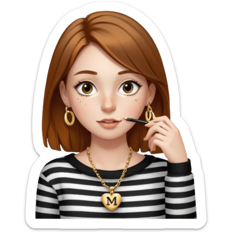 Chica guapa con pecas debajo del labio, pestañas largas con rímel, cejas finas y peludas, pelo marrón medio largo, piercing en la nariz, collar dorado con una "M" y jersey negro de rayas blancas con un hombro descubierto. sticker
