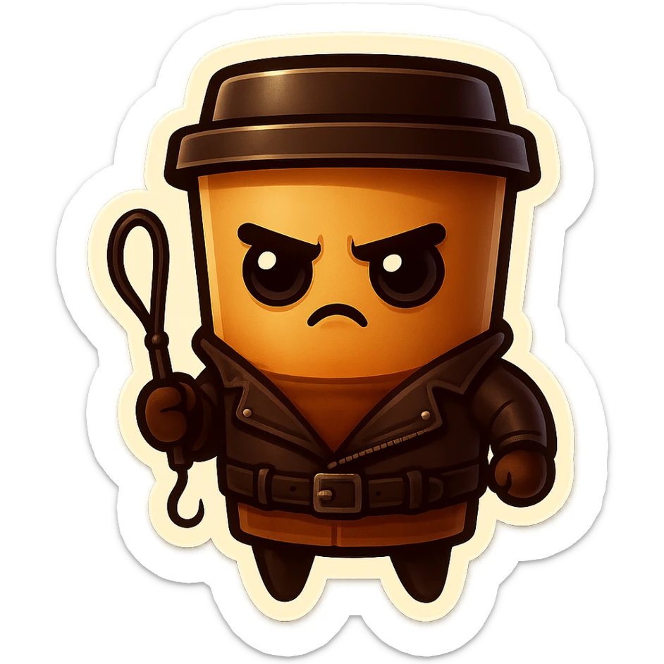 Tall coffee cup, dressed in leather holding a whipping crop, serious expression sticker