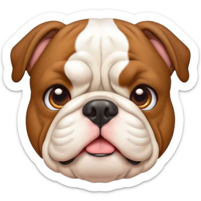 Cinematic Cute Brown and White English Bulldog Portrait Emoji, Head tilted playfully and inquisitively, featuring a glossy brown and white coat with distinct patches, round, sparkling brown eyes filled with curiosity, Simplified yet irresistibly adorable features, highly detailed, glowing with a warm, friendly glow, high shine, affectionate and charming, stylized with a touch of whimsy, bright and endearing, soft glowing outline, capturing the essence of a mischievous yet loving companion, so playful it feels like it could bound out of the screen and into your arms! sticker