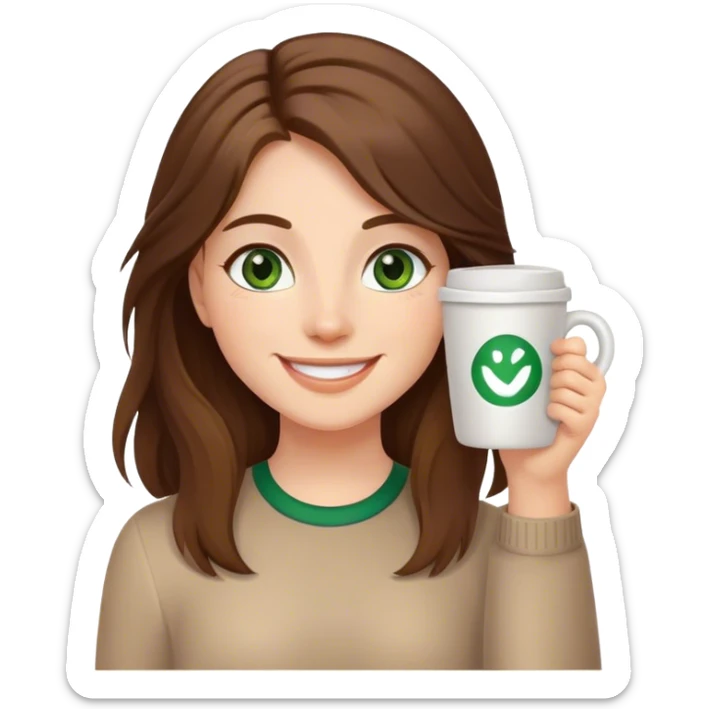 Long, Brown haired girl with middle hair part, with green eyes, smiling, waving with one hand, coffee mug in the other sticker