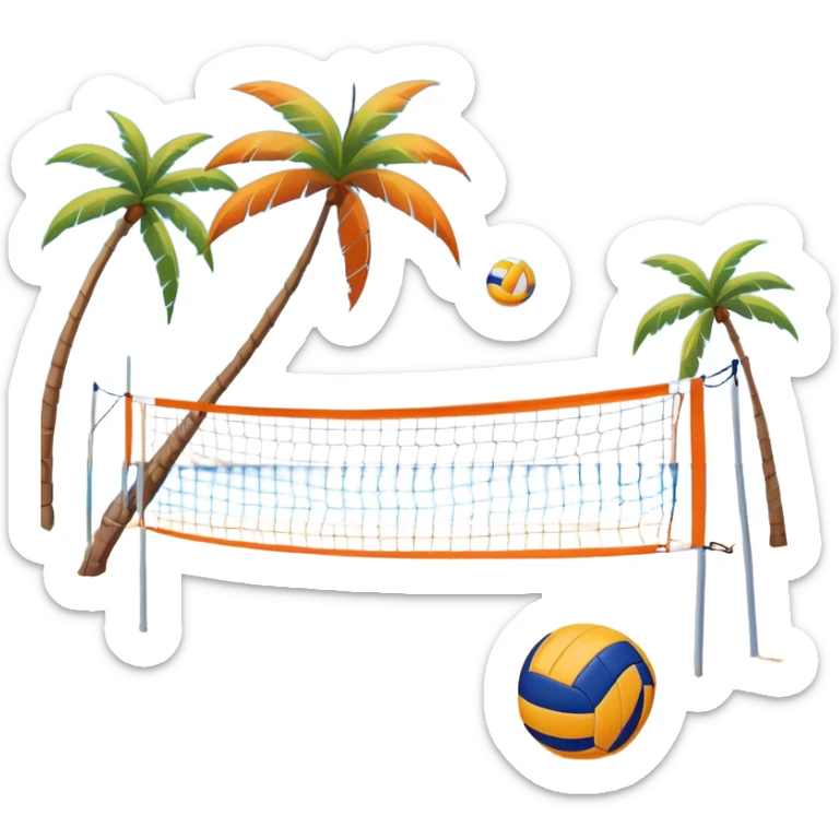 A volleyball resting on the orange sand ground of a beach, with a volleyball net in the background. The scene captures a sunny beach atmosphere with clear blue sea and sky, palm trees swaying, and people in swimsuits enjoying the vibrant surroundings sticker