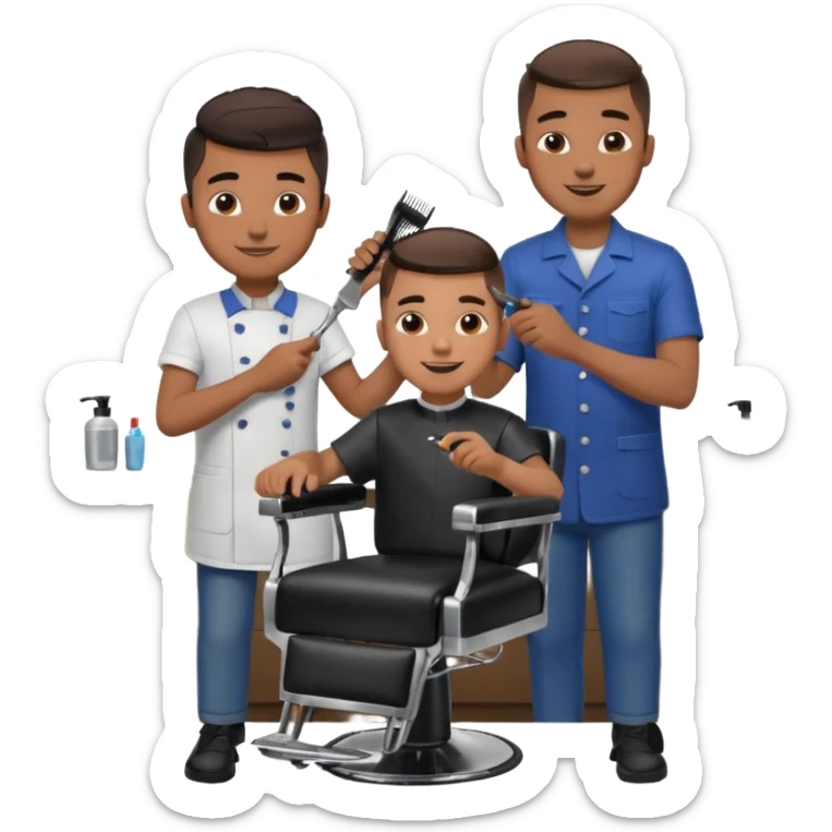 Barber cutting boys hair. Show the boy sat in black barber chair and both having smiles on their faces sticker