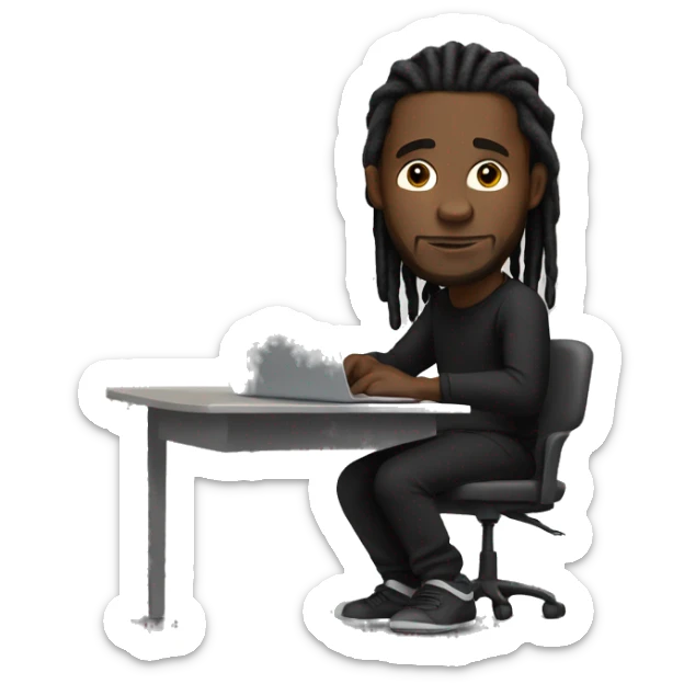 Black-guy-with-dreads-wearing-black-trackstuit-sitting-down-on-chair facing-foward-focused-on-laptop-computer- sticker