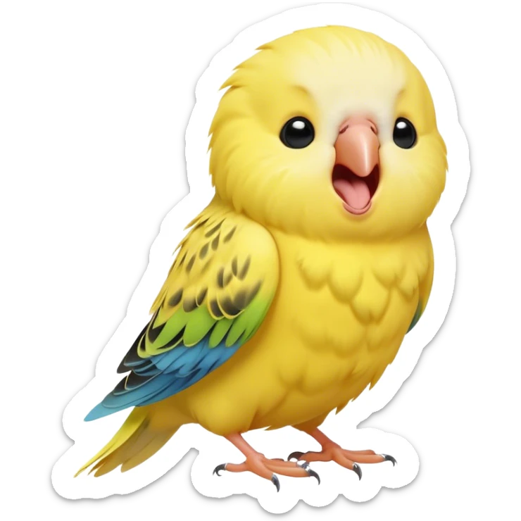 Cinematic Cute Yawning Yellow Budgie Portrait Emoji, Head tilted slightly with a dramatic, wide-open yawn, showcasing a soft, downy yellow feathered fur with gently drooping wings, round dark eyes barely open in drowsy contentment, Simplified yet irresistibly adorable features, highly detailed, glowing with a soft, cozy glow, high shine, relaxed yet expressive, stylized with a touch of whimsy, bright and endearing, soft glowing outline, capturing the essence of a sleepy yet affectionate budgie, so drowsy it feels like it could stretch out of the screen and curl up for a nap! sticker