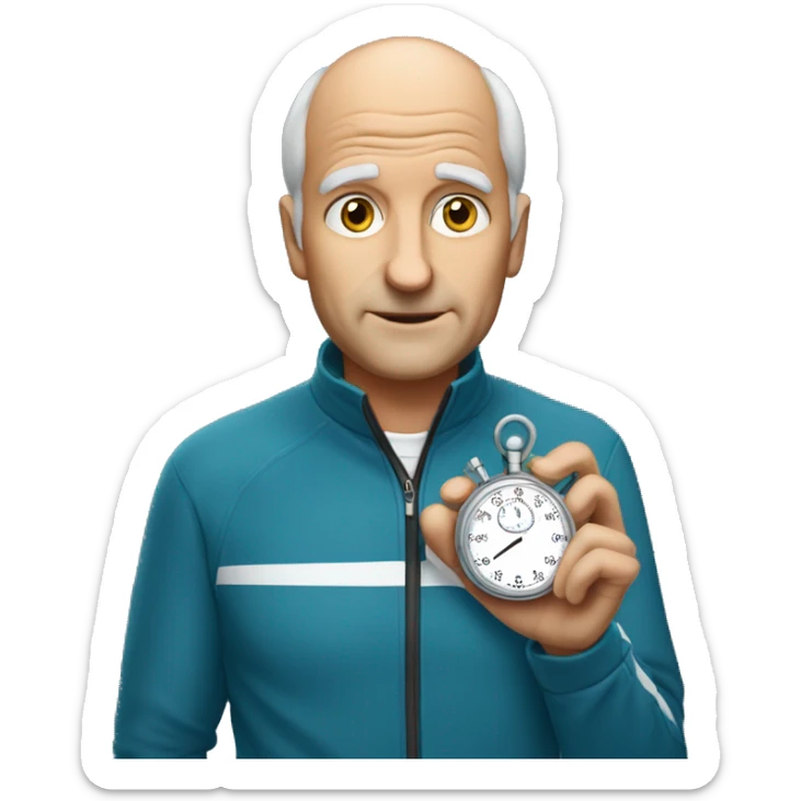 Cross country coach holding a stopwatch who is slightly balding but not old sticker