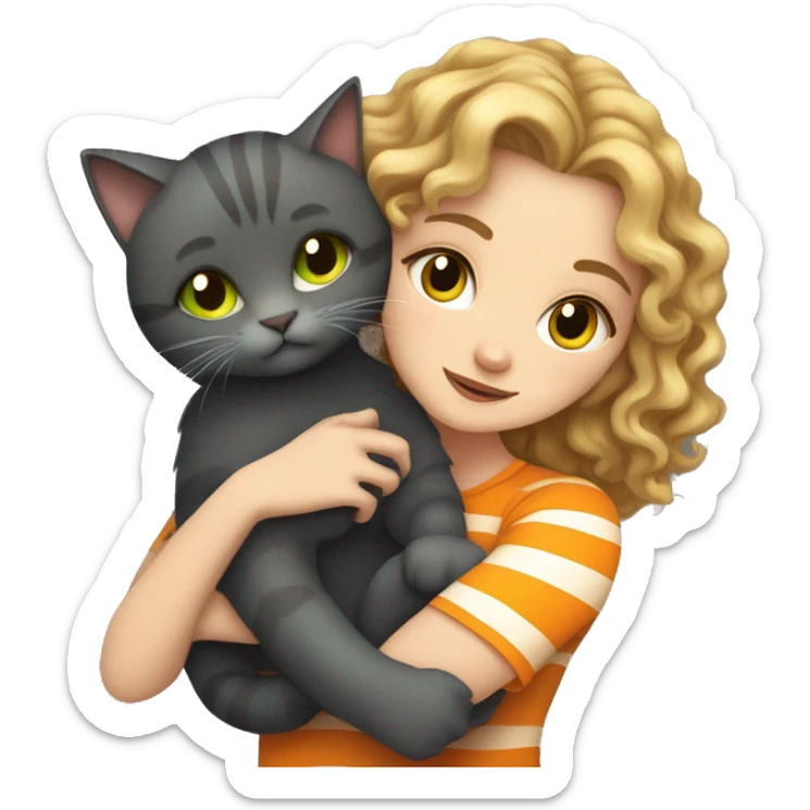 A white girl with dark blonde curly hair and green eyes hugging her dark grey cat with orange stripes and yellow honey eyes sticker