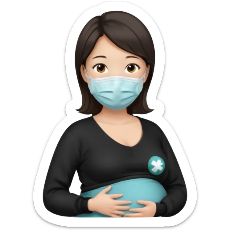 a pregrant chinese lady with dark brown hair? Hair lengt above shoulder, wearing medical face mask, i wanna see the pregnant belly with black sweater sticker