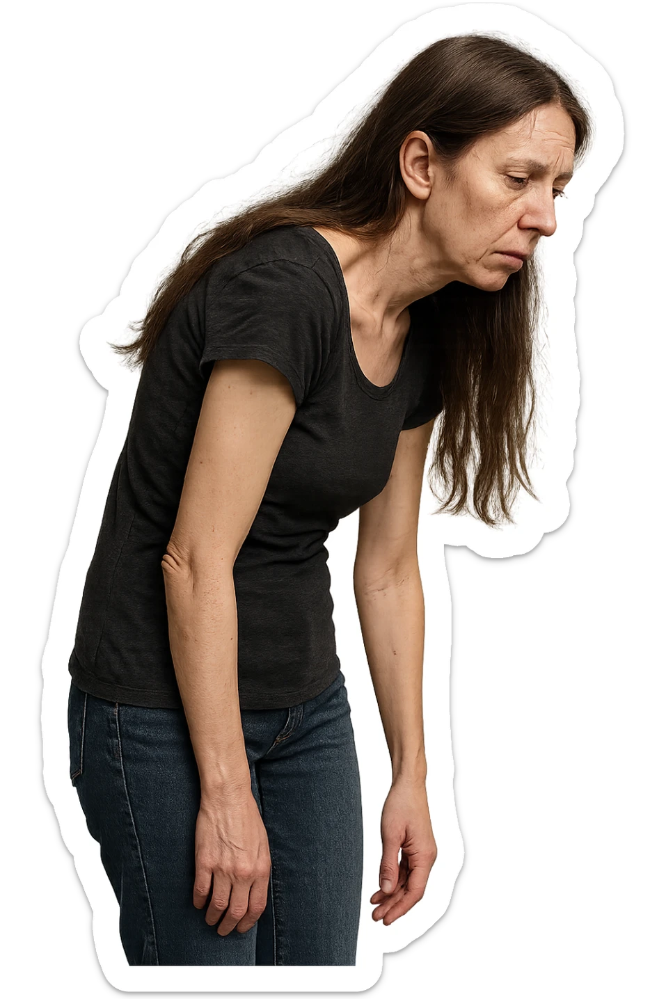 fai immagine identica ma di una donna con capelli lunghi, iperrealistico 4k, postura storta con spina dorsale storta sticker