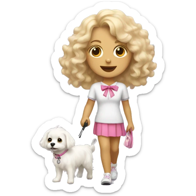 blonde girl with wavy hair taking a little fluffy white dog for a walk with a pink bow and leash  sticker