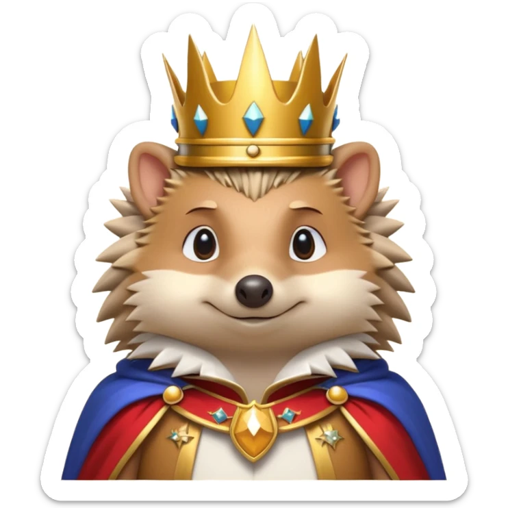 king hedgehog portrait, head and shoulders only, wearing a small golden crown, royal cape collar, proud confident expression, cute spiky fur details, fantasy royal vibe, 3D cartoon, mobile game icon style, clean background, no text, no watermark
 sticker
