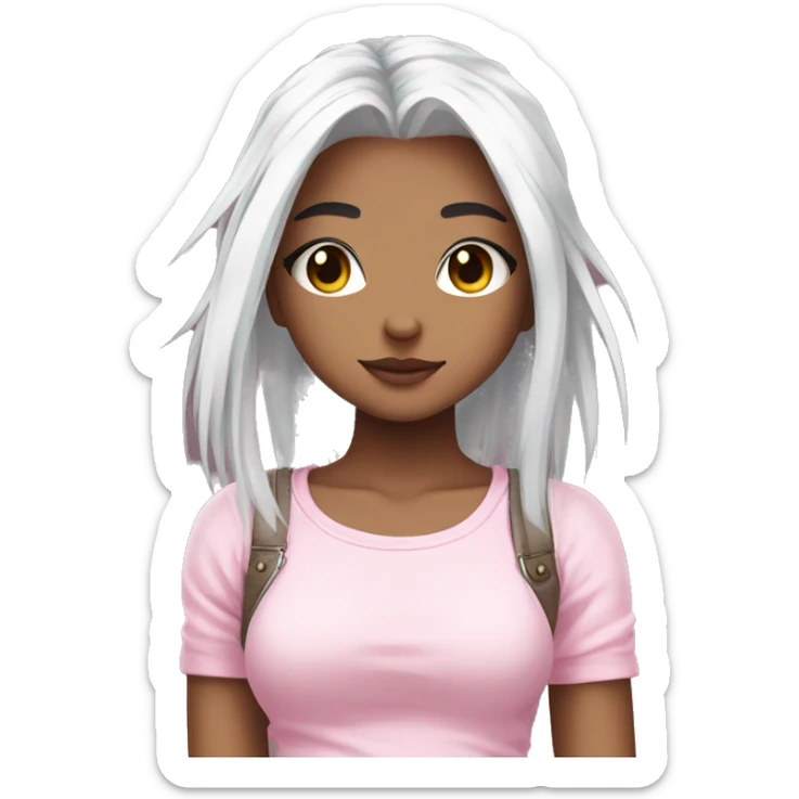 cute anime girl with white hair and a pink crop top with ripped jeans sticker
