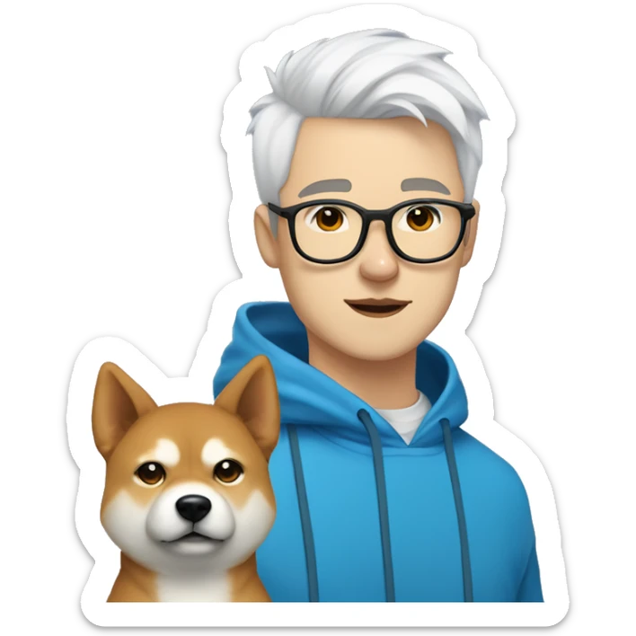 A young guy with white hair ponytail white skin black-framed glasses, a nose piercing, a blue hoodie and a Shiba Inu dog next to him sticker
