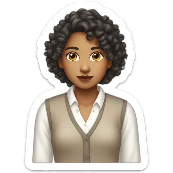 curly hair indian girl wearing a collared long sleeve white shirt under a white sweatervest sticker
