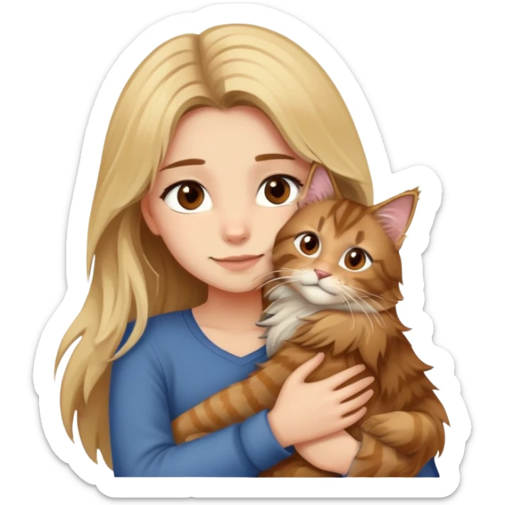 A blonde girl with brown eyes and brown brown hair hugs a mainkoon sticker
