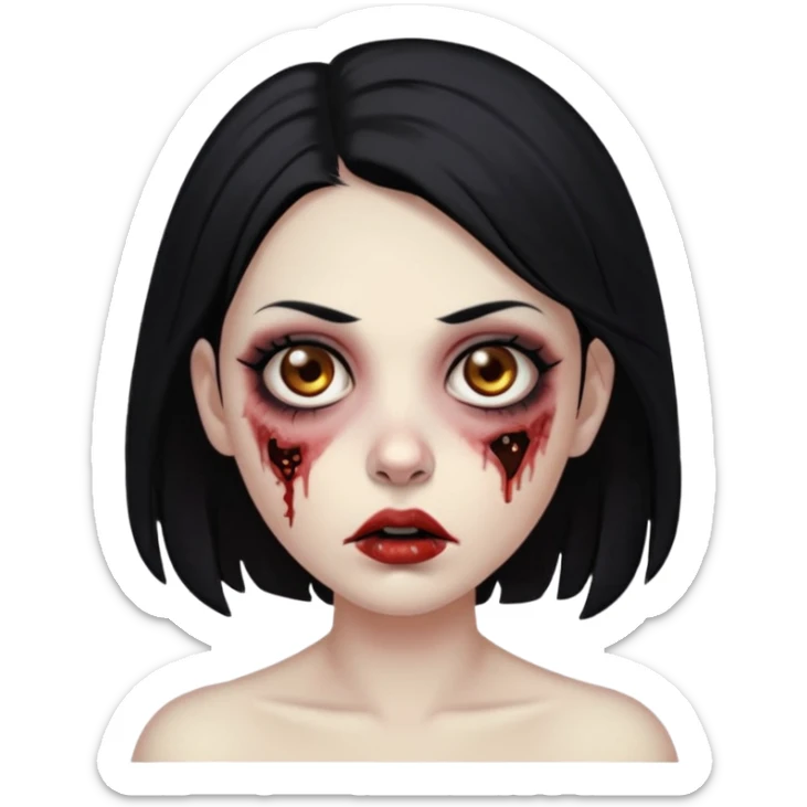 Make an emoji of a zombie woman with black hair, almond-shaped brown eyes and a labret piercing on her left lip. sticker