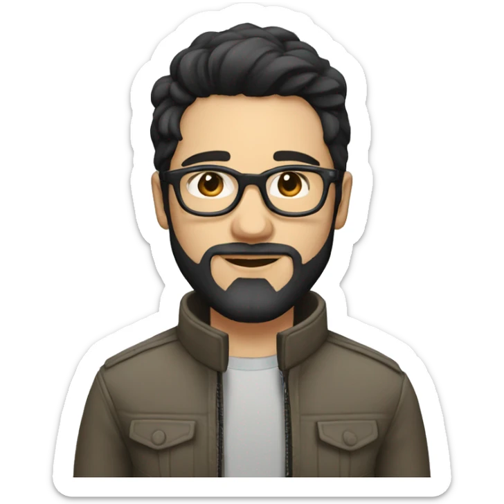 A beautiful white skin  young man with black and medium hair and white skin and beard, wearing round glasses and jacket sticker