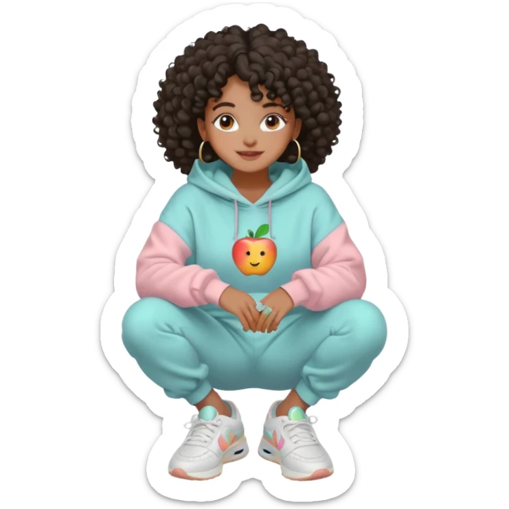 Black girl, clean girl aesthetic, 4C curly hair in a puff, pastel hoodie, white sneakers, minimal jewelry, soft smile, cozy vibe, bright colors, Apple-style emoji auto cuidado da pele sticker
