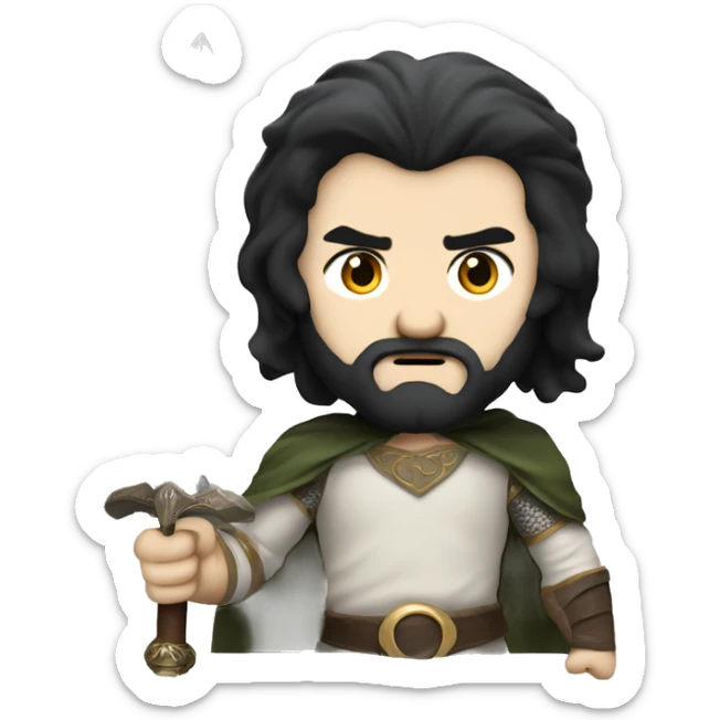 lord of the rings character, white man with black hair, footballer haircut and a sword, ready to fight sticker