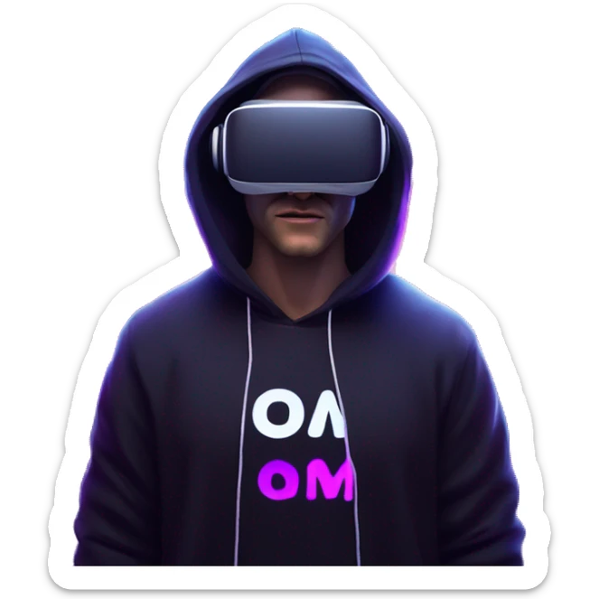 Russian man wearing a black hoodie with "OMG" letters on it and VR headset in a cyberpunk VR environment with violet neon lighting. sticker
