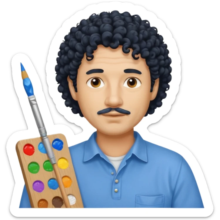 homme 50 ans cheveux frisé noir artiste peintre chemisse bleu sticker