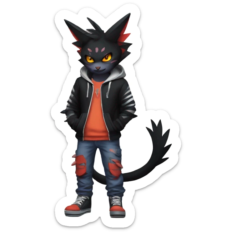 Cool Anthro Black Noibat-Quilava-Litten-Pokémon with edgy stripes hoodie spiked collar punk Full Body sticker