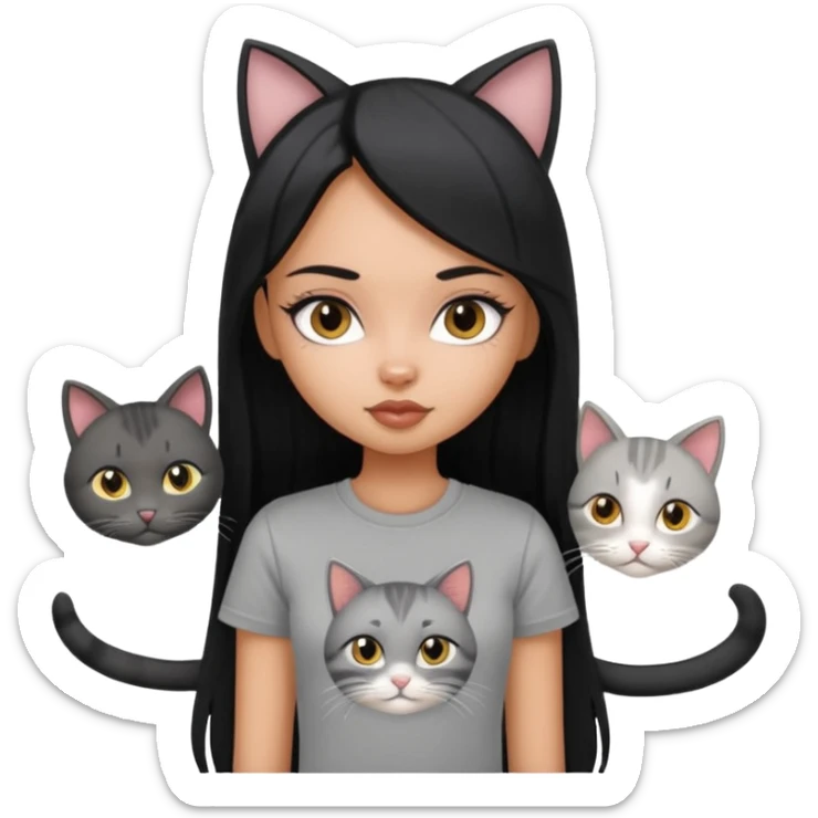 a pretty bratz dusky girl with long straight hair with four cats nd wearing a grey tshirt sticker