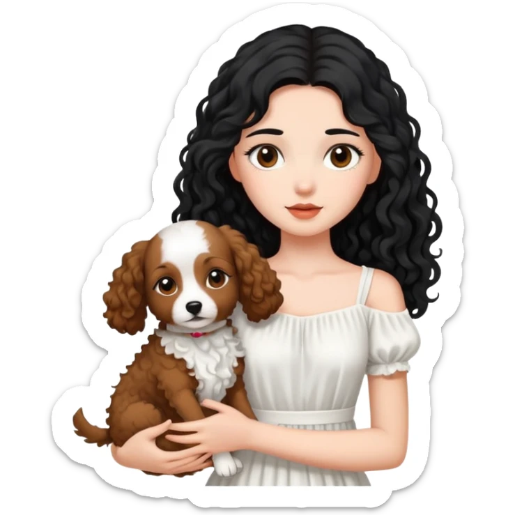 beautiful girl with long black hair in a white dress holding a small brown curly-haired dog sticker