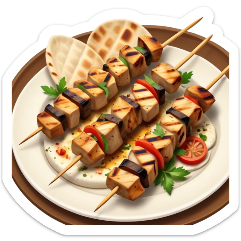 cinematic-realistic-souvlaki-dish-emoji,-showcasing-skewered,-2 grilled-chicken-with-mediterranean-spices-rendered-with-dynamic-textures-and-warm,-appetizing-lighting on pita bread on a plate sticker