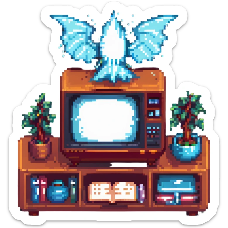vintage TV set with an enchanted spell book on the screen, magical energy pouring out, pixel art style sticker