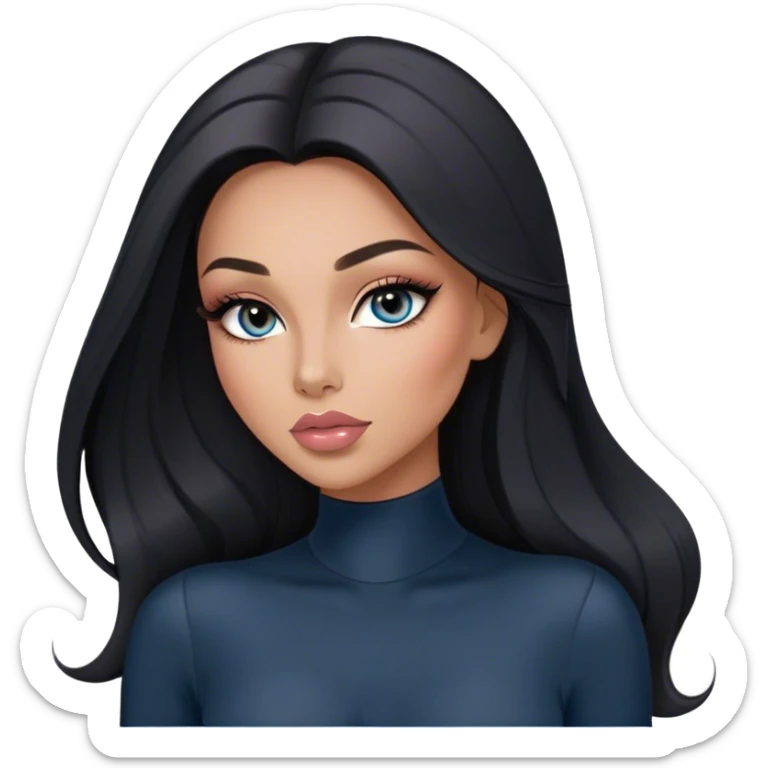 Glamours, tanned, very beautiful girl, with big pump peach-beige-rose lips, long long lashes, black straight smooth silky long hair, straight parting hair, blue-grey eyes in black long-sleeves bodysuit sticker