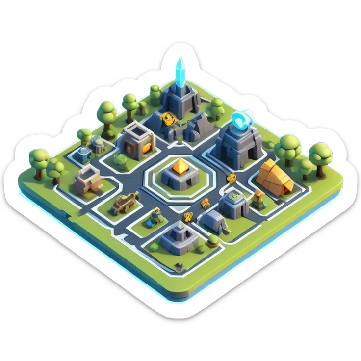 Clash of Clans aesthetic: Cinematic Playful 3D Isometric Holographic Map Emoji, rendered in a 3D vector-style similar to standard emojis with minimal shading and bold, simplified shapes. A compact, distinct form with signature details, softly glowing with a futuristic sci-fi warfare charm. Simplified yet unmistakably iconic, highly detailed and consistent, glowing with a soft radiance and high shine. Stylized with a touch of high-tech brilliance and a soft glowing outline, capturing the essence of a beloved gaming relic with a friendly, playful manner! sticker
