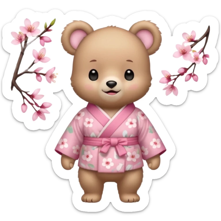 A cute baby bear character in pastel style, standing upright like a human. 
Light brown soft fur, large round ears, rounded paws and feet. 
Big cute black dot eyes, medium blush cheeks, and a tiny smiling mouth. 
Wearing a pink kimono with soft cherry blossom patterns on the sleeves and bottom,  sticker