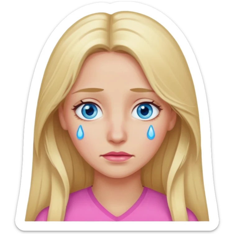 Blond long hair lady with blue eyes in pink with tears in eyes sticker